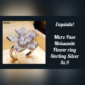 Stunning! Micro Pave Moissanite flower ring, Sz.9